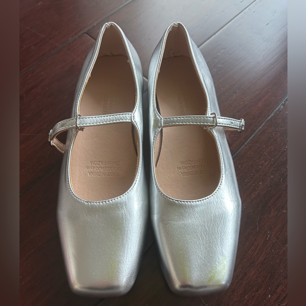 Metallic silver ballet flats! Never worn, small green markings as pictured
